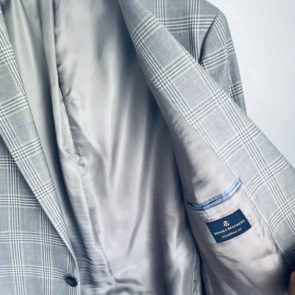 Brooks Brothers Wool Blazer Mens 48R Gray Blue Plaid Fitzgerald Fit Suit Jacket